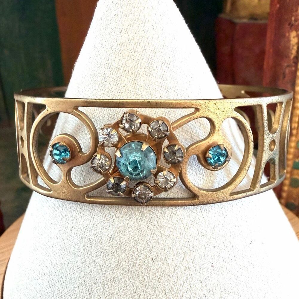 Vintage  Brass Openwork rhinestone Cuff Bracelet